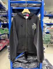 Play Hollywood Vintage‑Wash Black Zip‑Up Cropped Oversized Hoodie