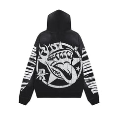 Roughplay B&W Skeleton Drummer Tongue Star Vintage Distressed Hoodie