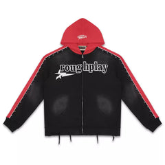 Roughplay Black Red Color‑Block Zip‑Up Hoodie