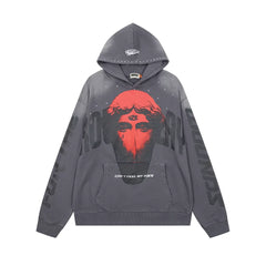 Roughplay Red Third‑Eye Statue Can’t Feel My Face Vintage Acid Wash Hoodie