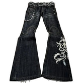 Heavyweight embroidered denim pants, punk flared pants, y2k style