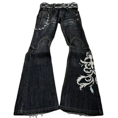 Heavyweight embroidered denim pants, punk flared pants, y2k style