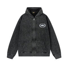 Vintage Washed Black Zip Up Hoodie Unisex Streetwear Casual Jacket