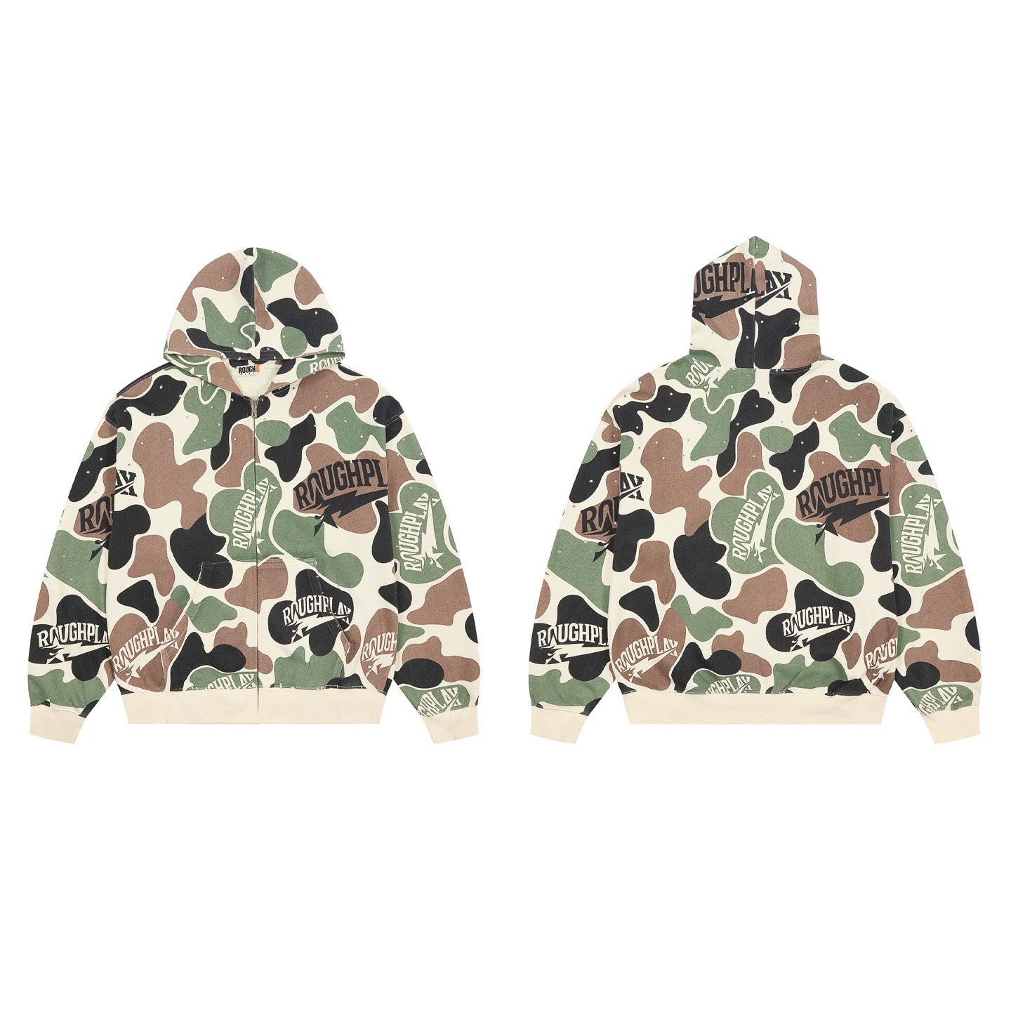 ROUGHPLAY Camo Full Zip Hoodie – Oversized All-Over Print Streetwear Zip-Up Jacket