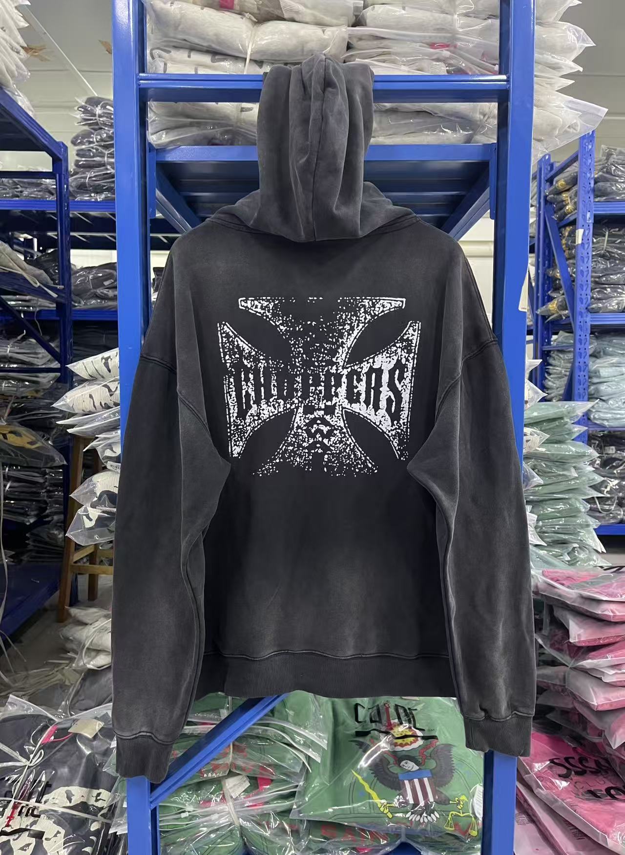 West Coast Choppers Distressed‑Cross Back‑Print Vintage Wash Full‑Zip Hoodie Black