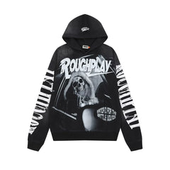 Roughplay B&W Skeleton Drummer Tongue Star Vintage Distressed Hoodie