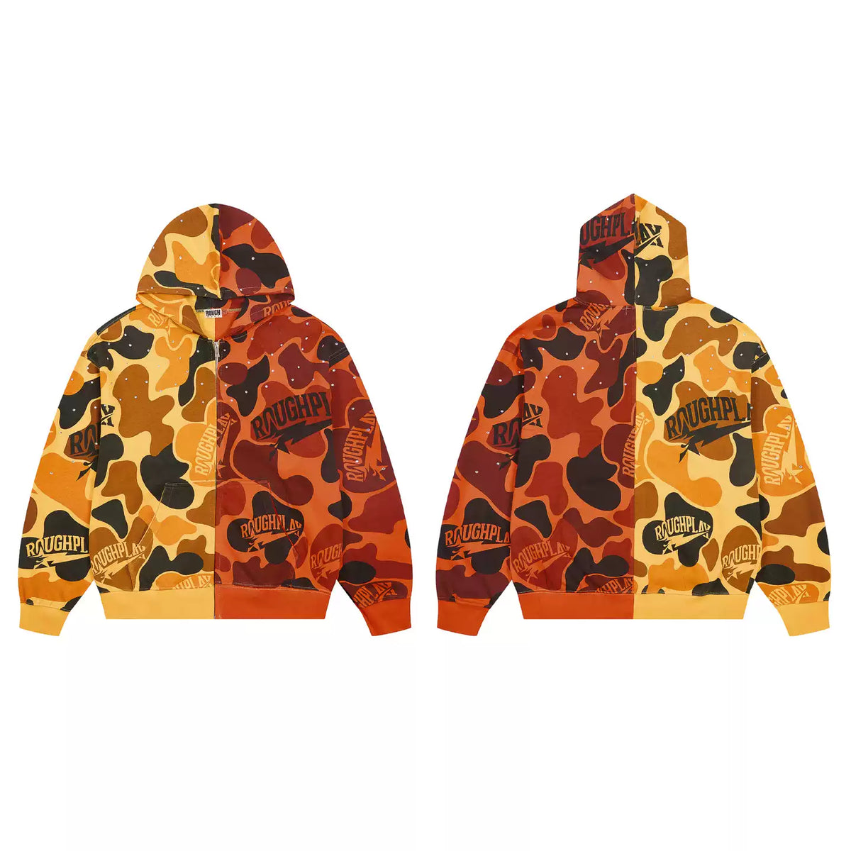Roughplay Orange‑Yellow Split Camo Zip‑Up Hoodie