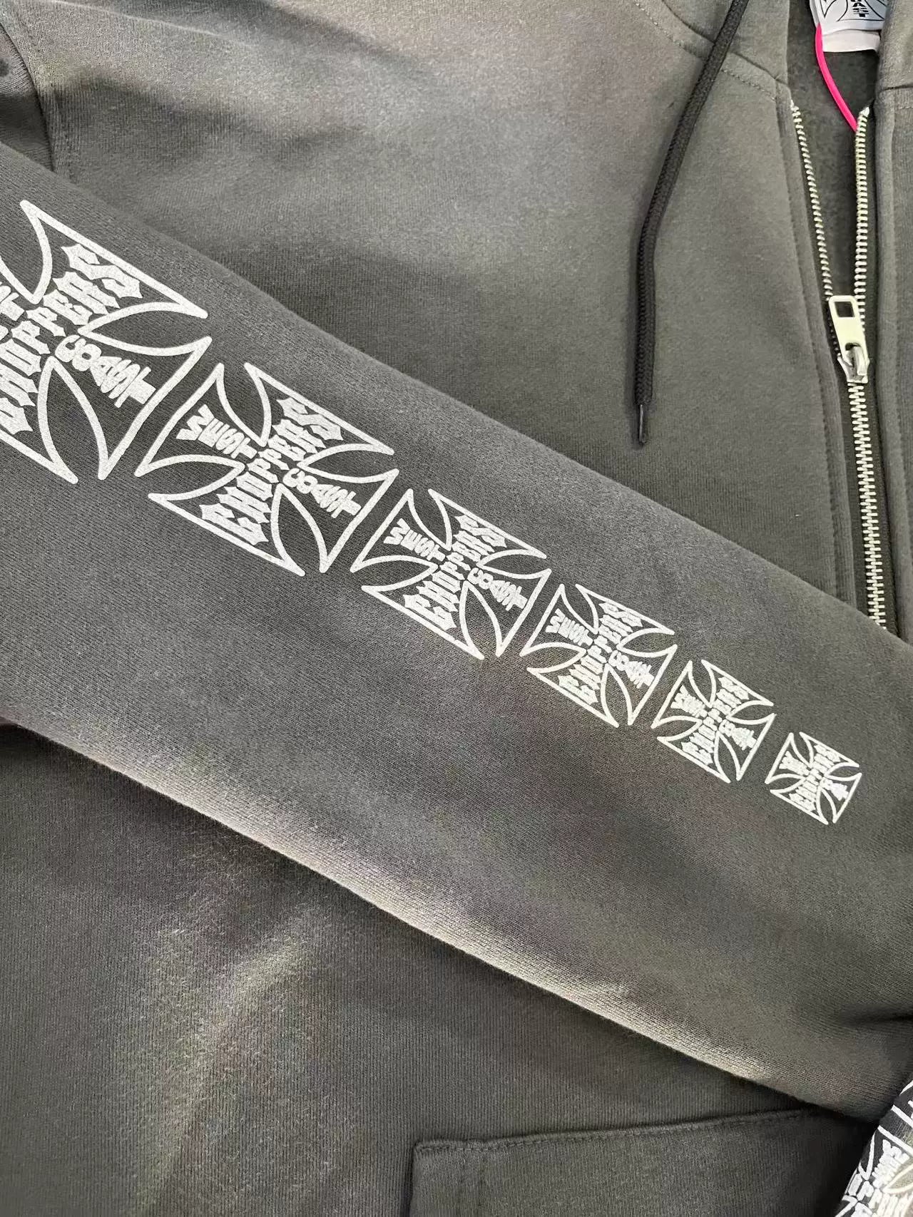 West Coast Choppers Cross Logo Sleeve‑Print Vintage Wash Zip‑Up Hoodie
