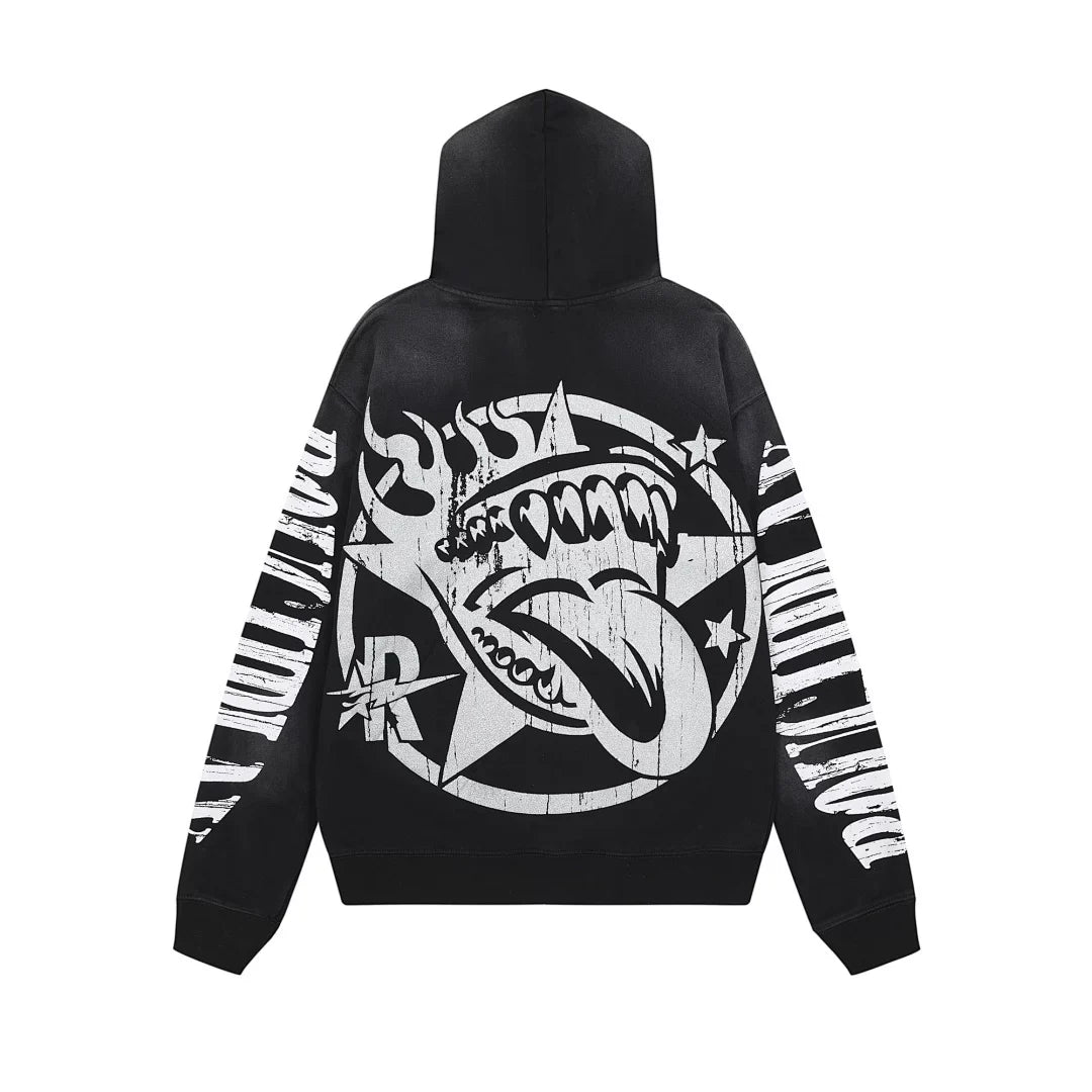 Roughplay B&W Skeleton Drummer Tongue Star Vintage Distressed Hoodie