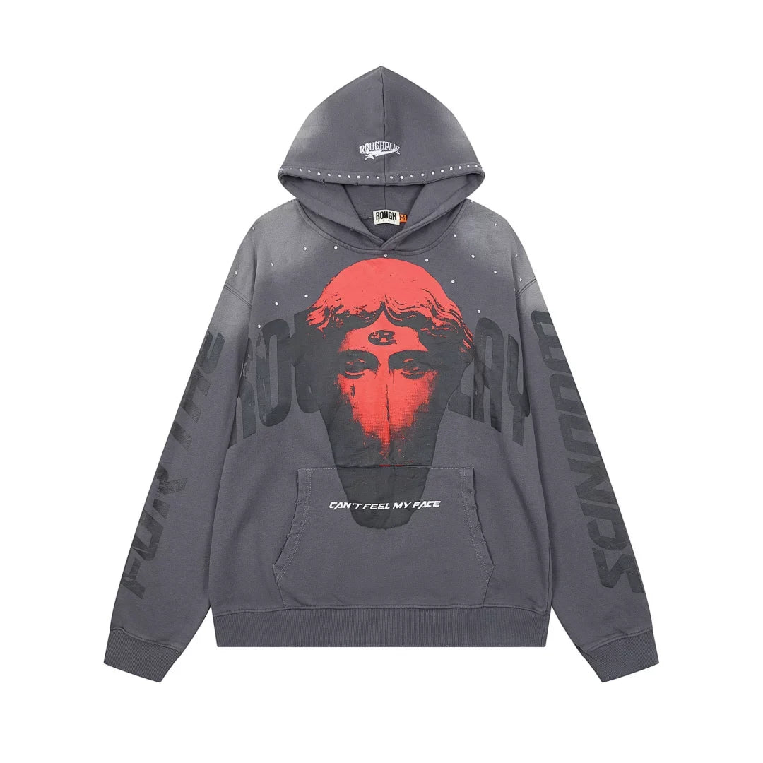 Roughplay Red Third‑Eye Statue Can’t Feel My Face Vintage Acid Wash Hoodie