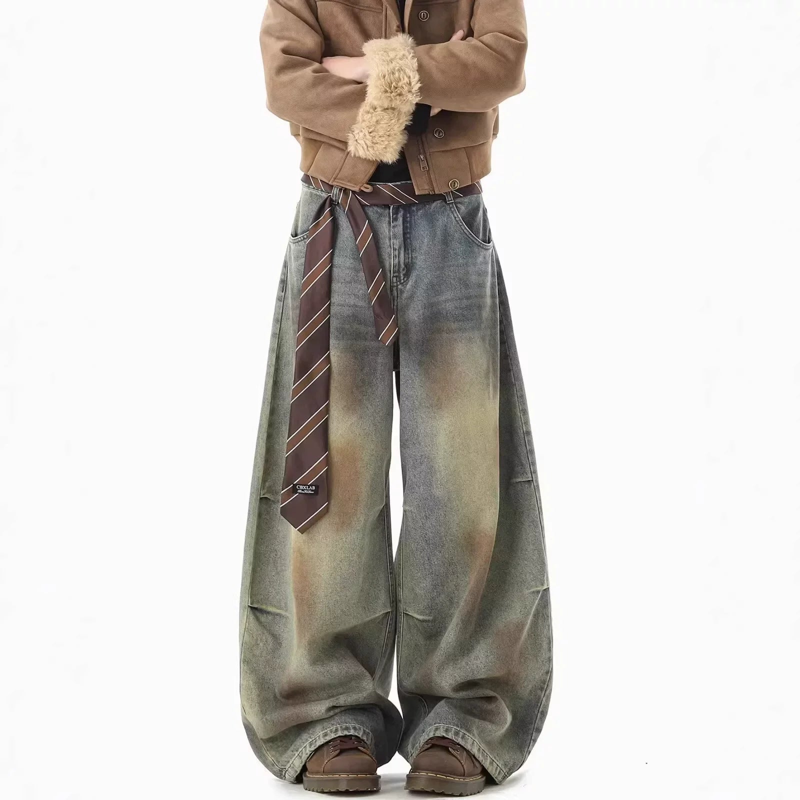 Vintage wide-leg denim women's American distressed washed loose pants