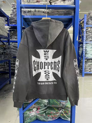 West Coast Choppers Cross Logo Sleeve‑Print Vintage Wash Zip‑Up Hoodie