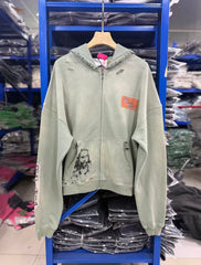 Play Hollywood Vintage‑Wash Green Zip‑Up Oversized Hoodie
