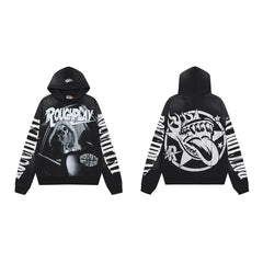 Roughplay B&W Skeleton Drummer Tongue Star Vintage Distressed Hoodie