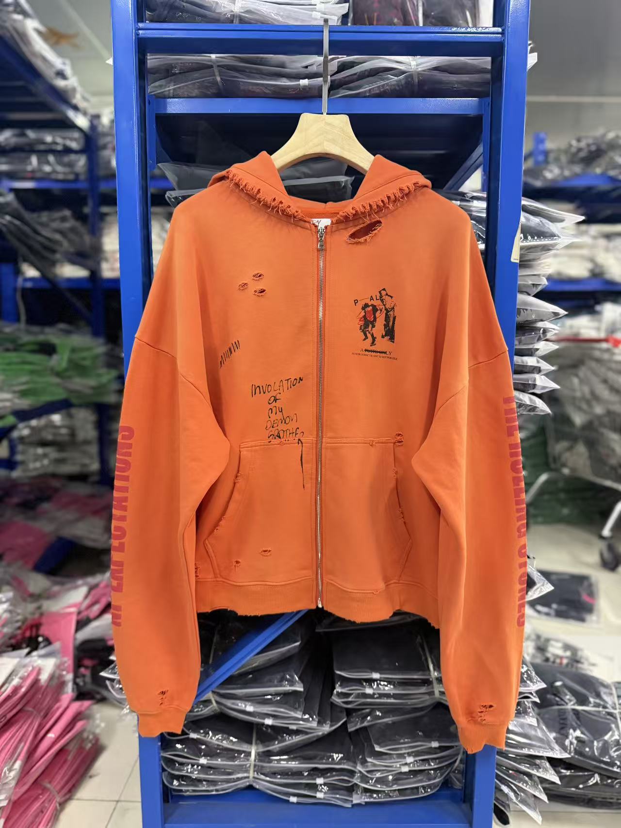 Play Hollywood Vintage‑Wash Orange Zip‑Up Oversized Hoodie